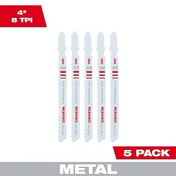 4" 8TPI T-Shank Metal Cutting Bi-Metal Jig Saw Blades 5PK, with five white saw blades featuring red and gray markings.