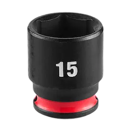 SHOCKWAVE Impact Duty 1/4" Drive 15MM Standard Impact Socket features a black exterior with a red band and "15" printed on it.