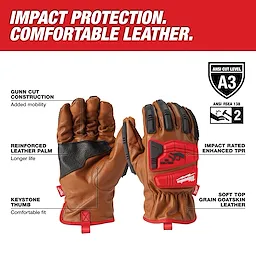 Level 3 Cut Resistant Goatskin Leather Impact Gloves featuring reinforced leather palm, keystone thumb, and impact-rated TPR.