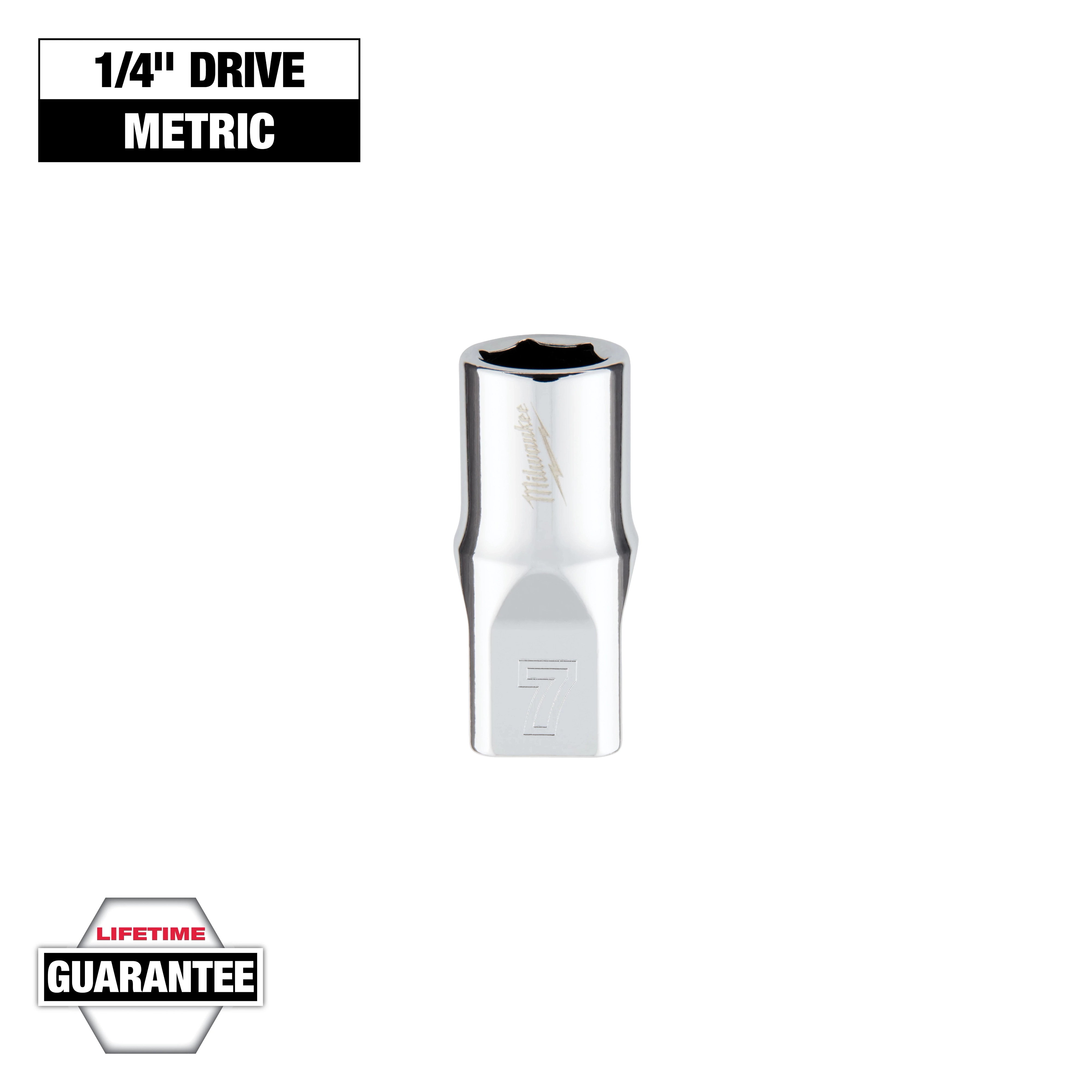 This image shows a Milwaukee 7mm metric socket with a 1/4" drive size. The socket is metallic and has a hexagonal opening. It features a lifetime guarantee label at the bottom.