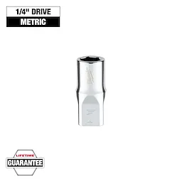 This image shows a Milwaukee 7mm metric socket with a 1/4" drive size. The socket is metallic and has a hexagonal opening. It features a lifetime guarantee label at the bottom.