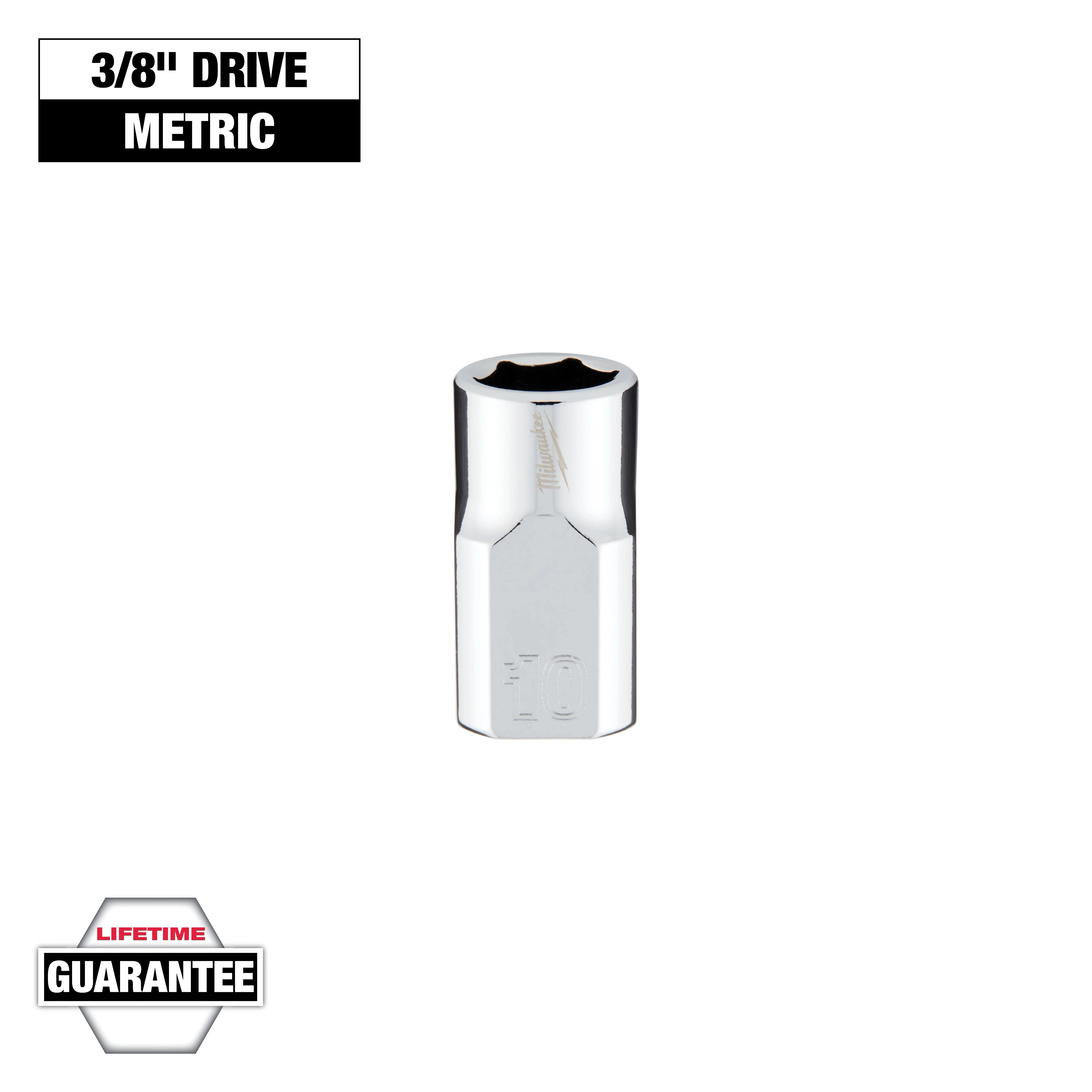 This image shows a 3/8-inch drive metric socket with a chrome finish and engraved markings. The label indicates it comes with a lifetime guarantee.