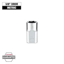 This image shows a 3/8-inch drive metric socket with a chrome finish and engraved markings. The label indicates it comes with a lifetime guarantee.