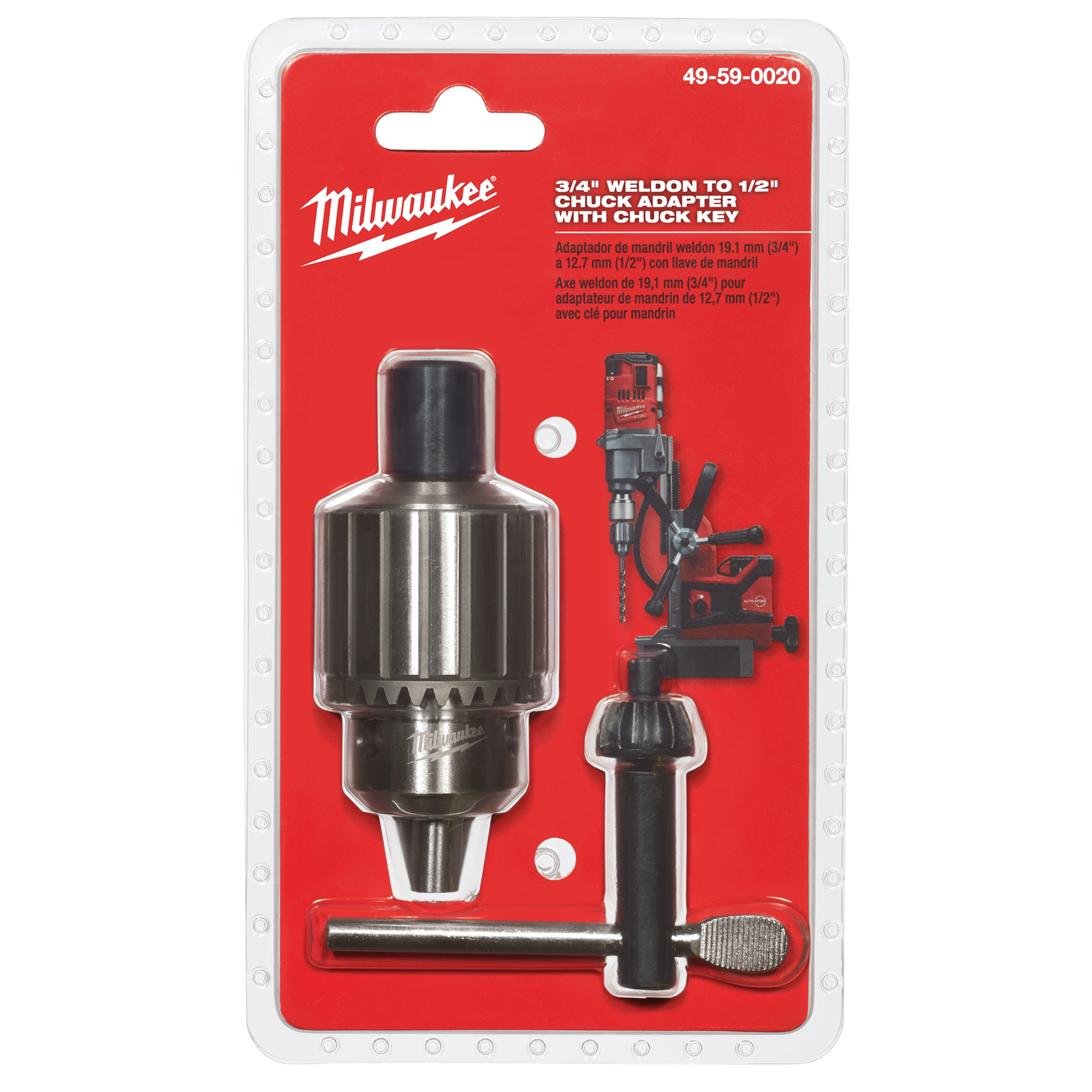 3/4" Weldon to 1/2" Chuck Adapter with key in red packaging with drill illustration. Product number 49-59-0020, brand name bold at top.