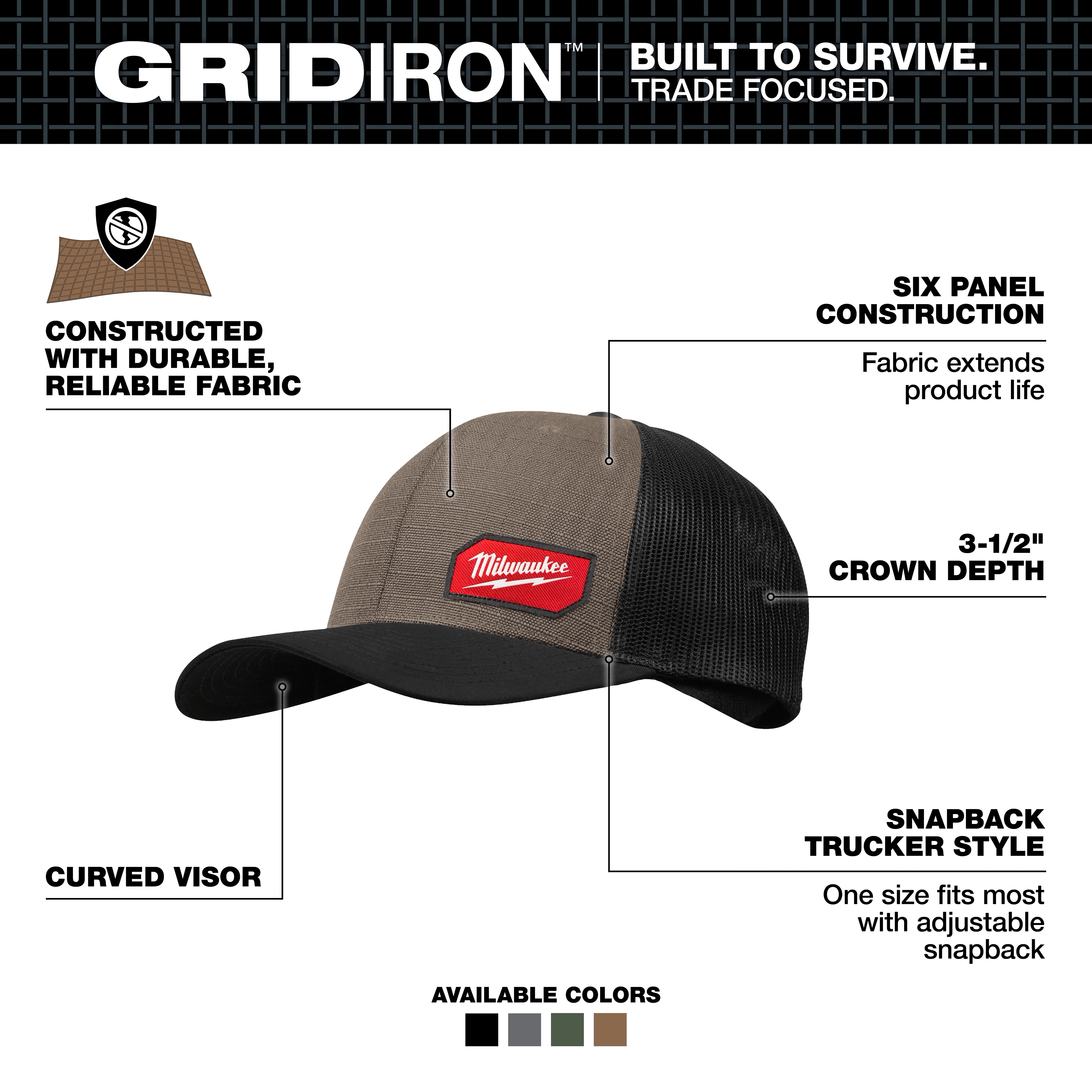 GRIDIRON Snapback Trucker Hat with curved visor, six panel construction, and adjustable snapback closure.