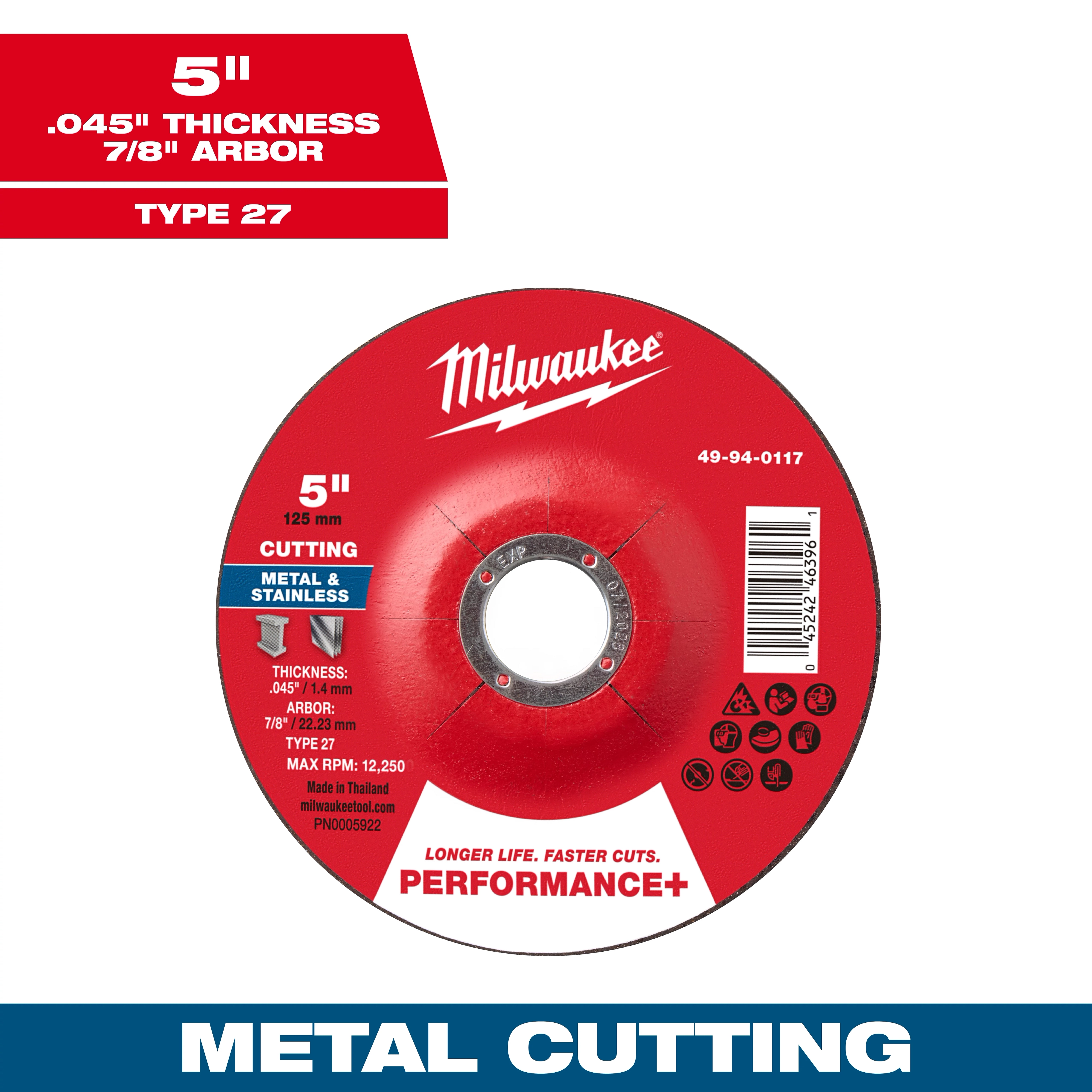5" x .045" x 7/8" Performance+ Metal Cut Off Wheel - Type 27 for cutting metal and stainless steel, 12,250 max RPM.