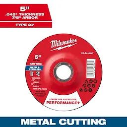 5" x .045" x 7/8" Performance+ Metal Cut Off Wheel - Type 27 for cutting metal and stainless steel, 12,250 max RPM.