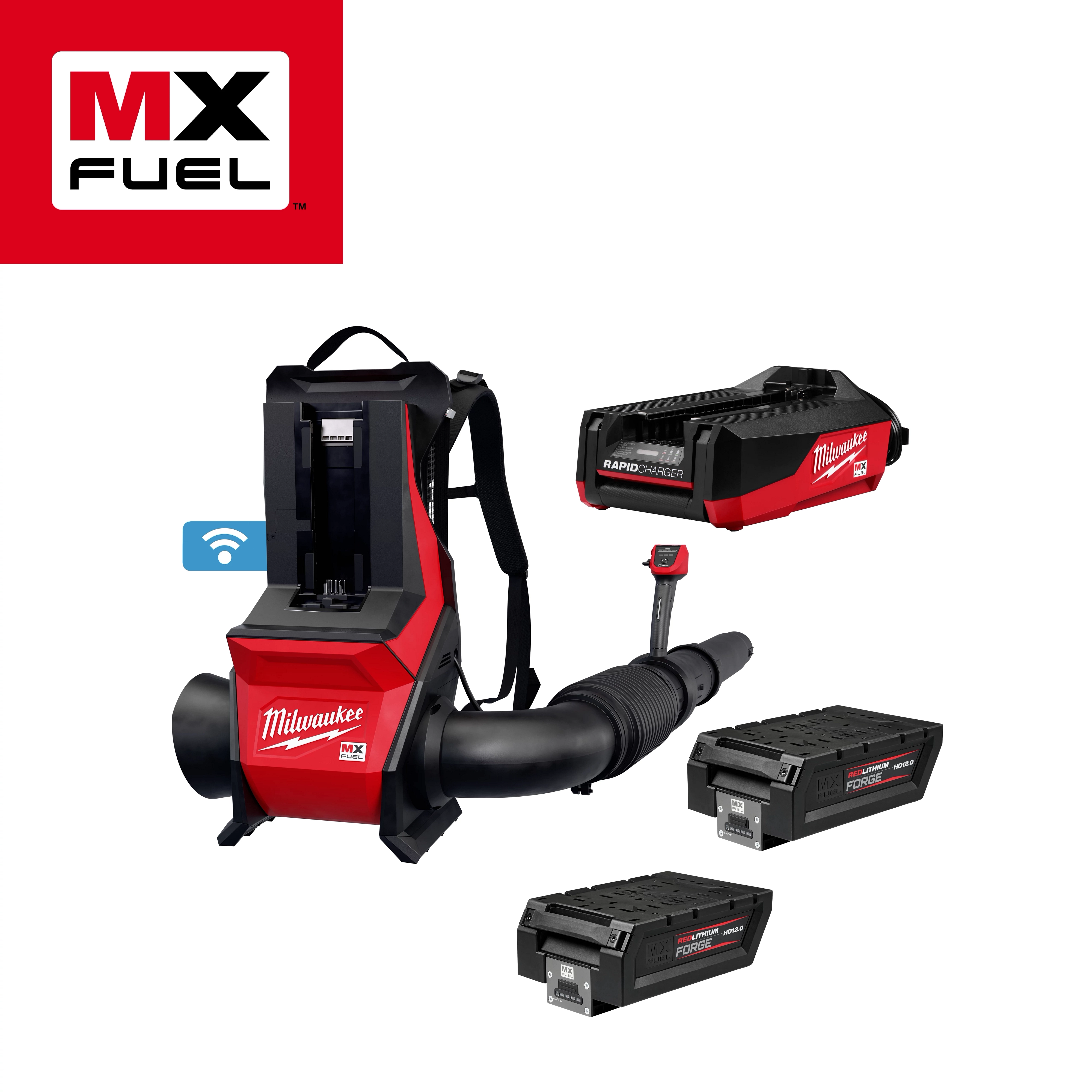 Milwaukee MX FUEL™ Backpack Blower with two black and red batteries and a charger. The blower is red with black straps and a tube. The image also includes the MX FUEL logo in the top left corner.