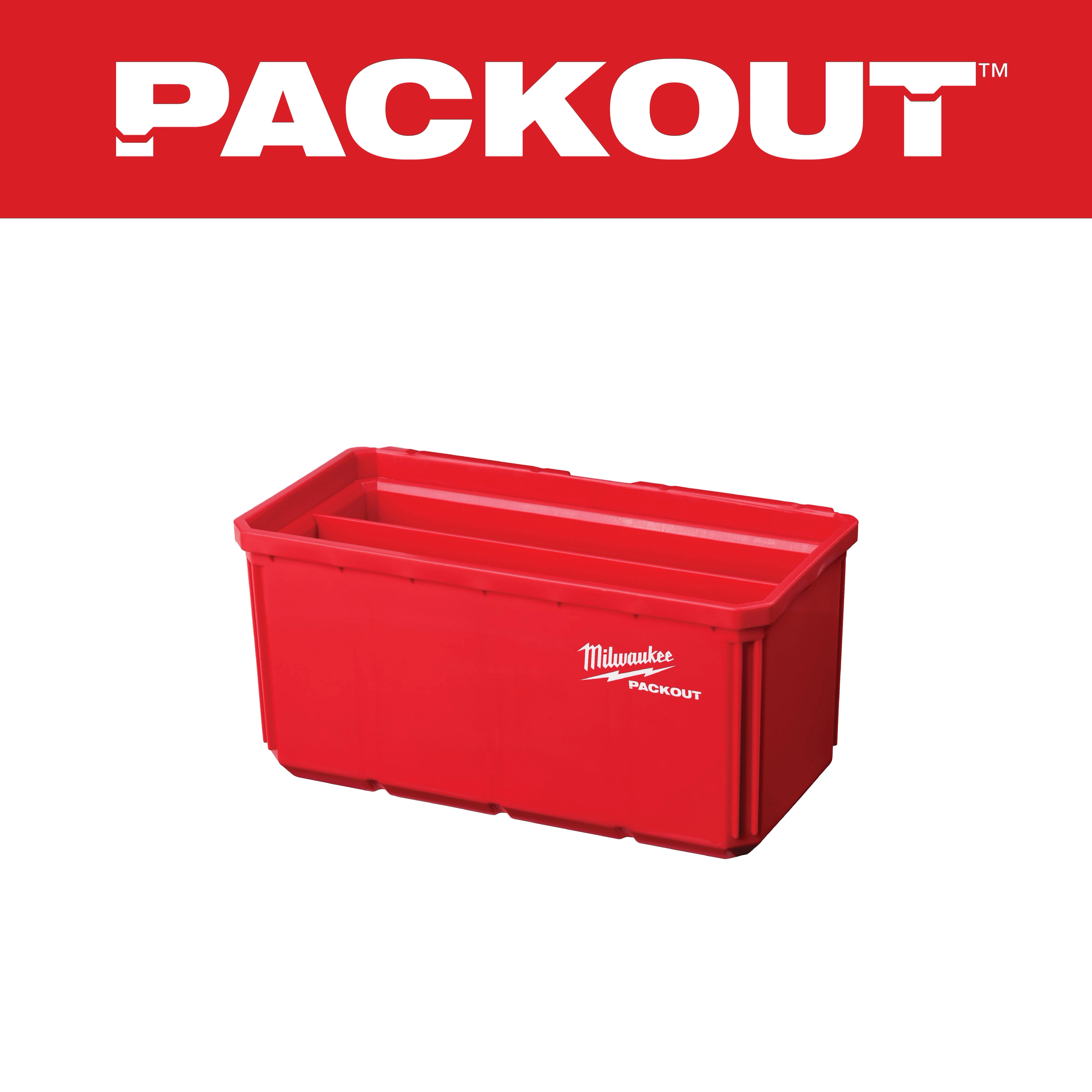 Milwaukee Packout red storage bins, one large and one small, against a white background with the logo and name above.