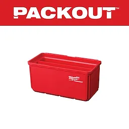 Milwaukee Packout red storage bins, one large and one small, against a white background with the logo and name above.