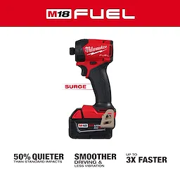 The M18 FUEL™ SURGE™ 1/4" Hex Hydraulic Driver is displayed with key features: 50% quieter than standard impacts, smoother driving with less vibration, and up to three times faster performance. The tool has a red and black design with an M18 REDLITHIUM™ XC battery attached.