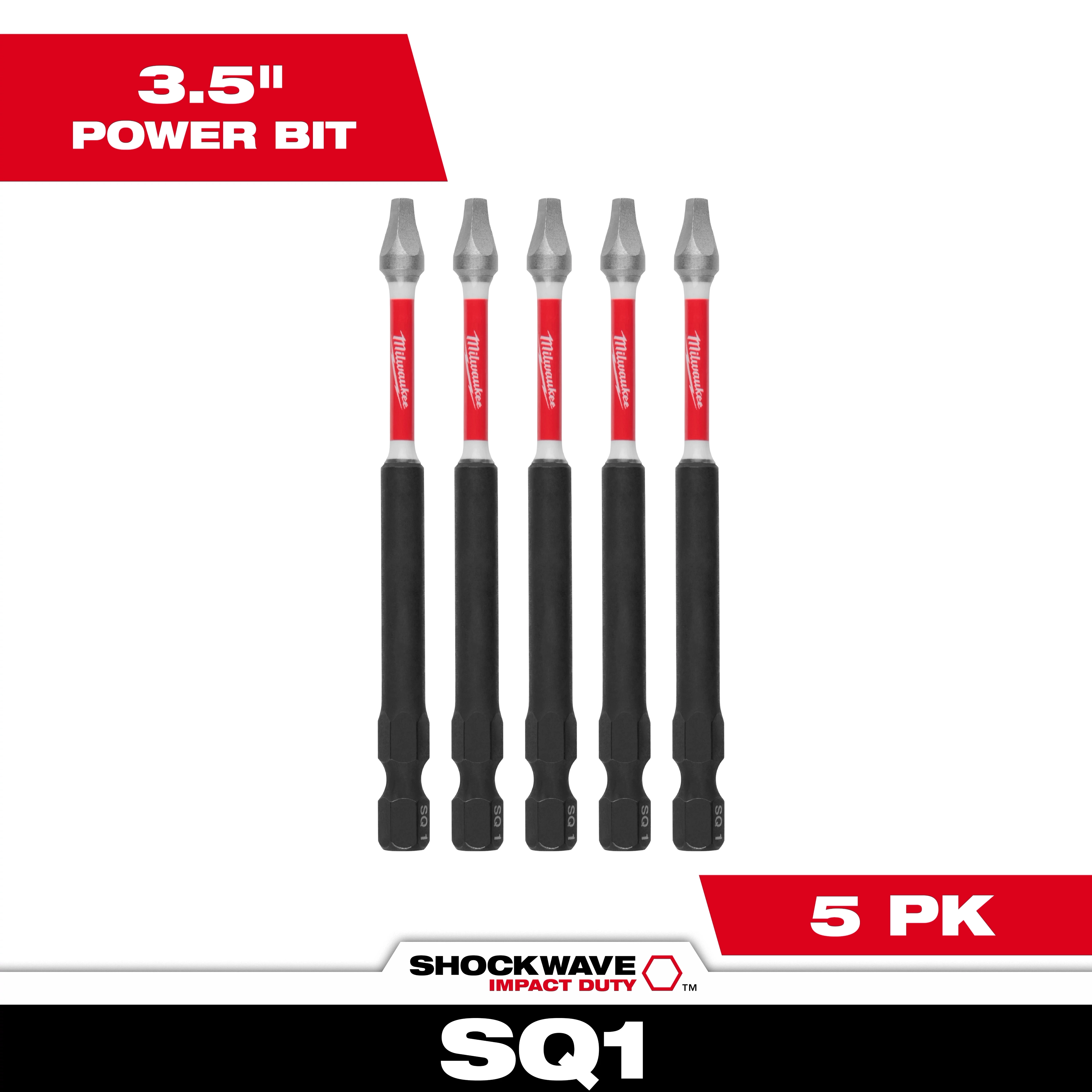 This image features the SHOCKWAVE™ 3.5" Impact Square Recess #1 Power Bits (5 PK). Five durable power bits are seen with red and black coloring. Text elements highlight the product name, size, and quantity in bright red and white.