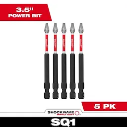 This image features the SHOCKWAVE™ 3.5" Impact Square Recess #1 Power Bits (5 PK). Five durable power bits are seen with red and black coloring. Text elements highlight the product name, size, and quantity in bright red and white.