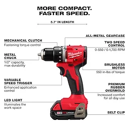 Milwaukee M18 Compact Brushless 1/2" Drill/Driver features a mechanical clutch, all-metal gear case, LED light, and two-speed control.