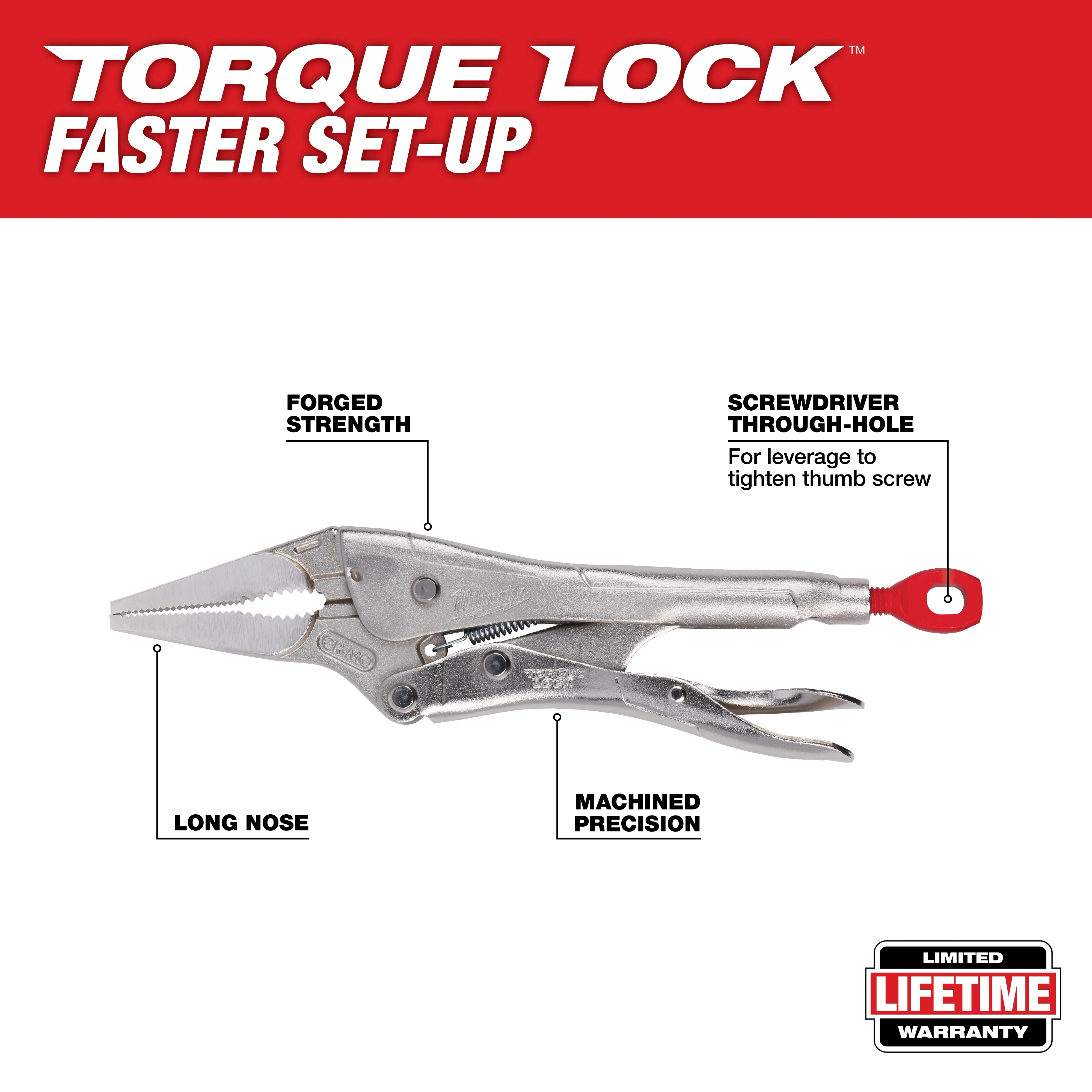 Torque Lock 48-22-3504 Walkaround locking pliers with long nose, forged strength, screwdriver hole, and machined precision. Limited lifetime warranty.