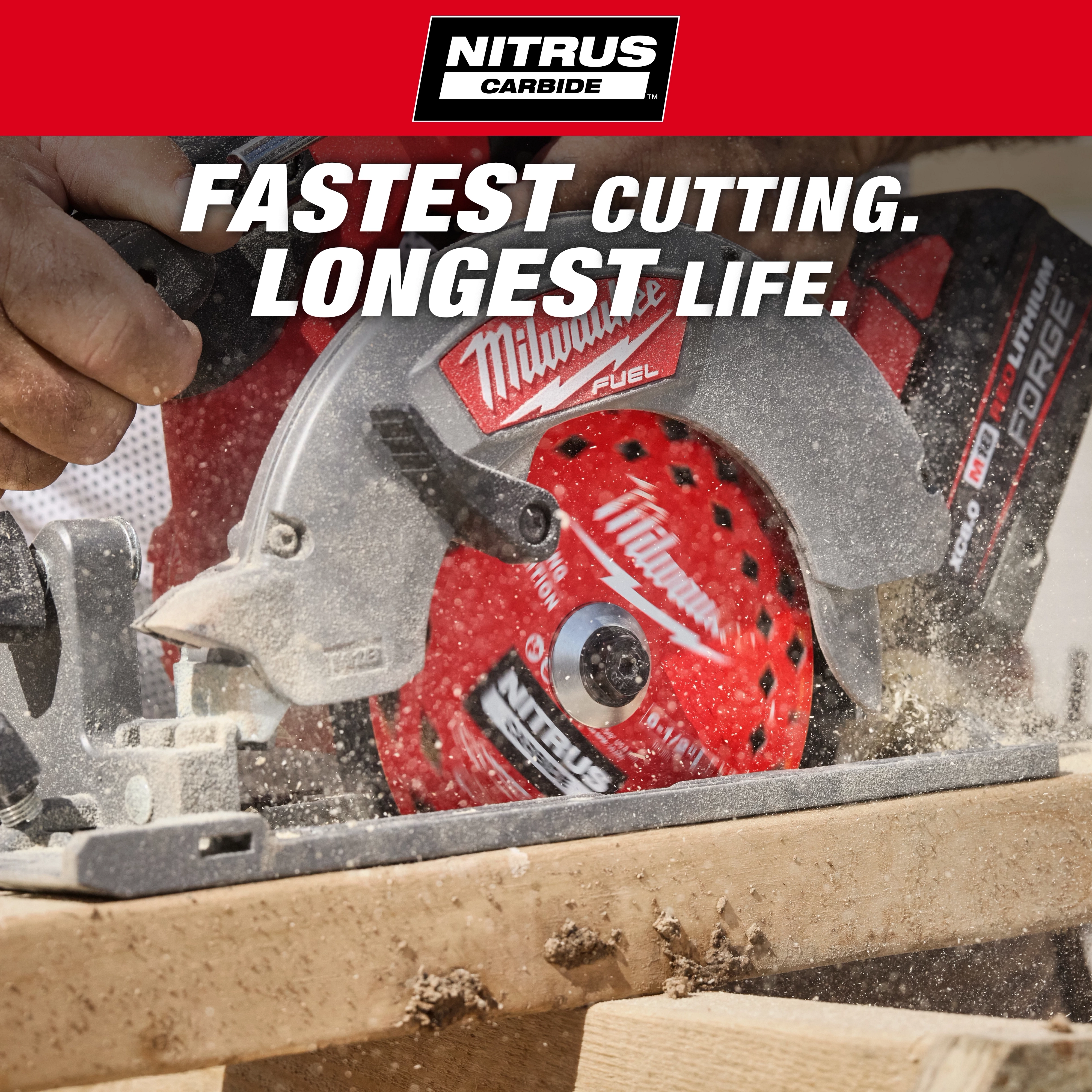 6-1/2” 24T NITRUS Carbide Framing & Demolition Circular Saw Blade cutting through a wooden board.