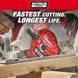 6-1/2” 24T NITRUS Carbide Framing & Demolition Circular Saw Blade cutting through a wooden board.