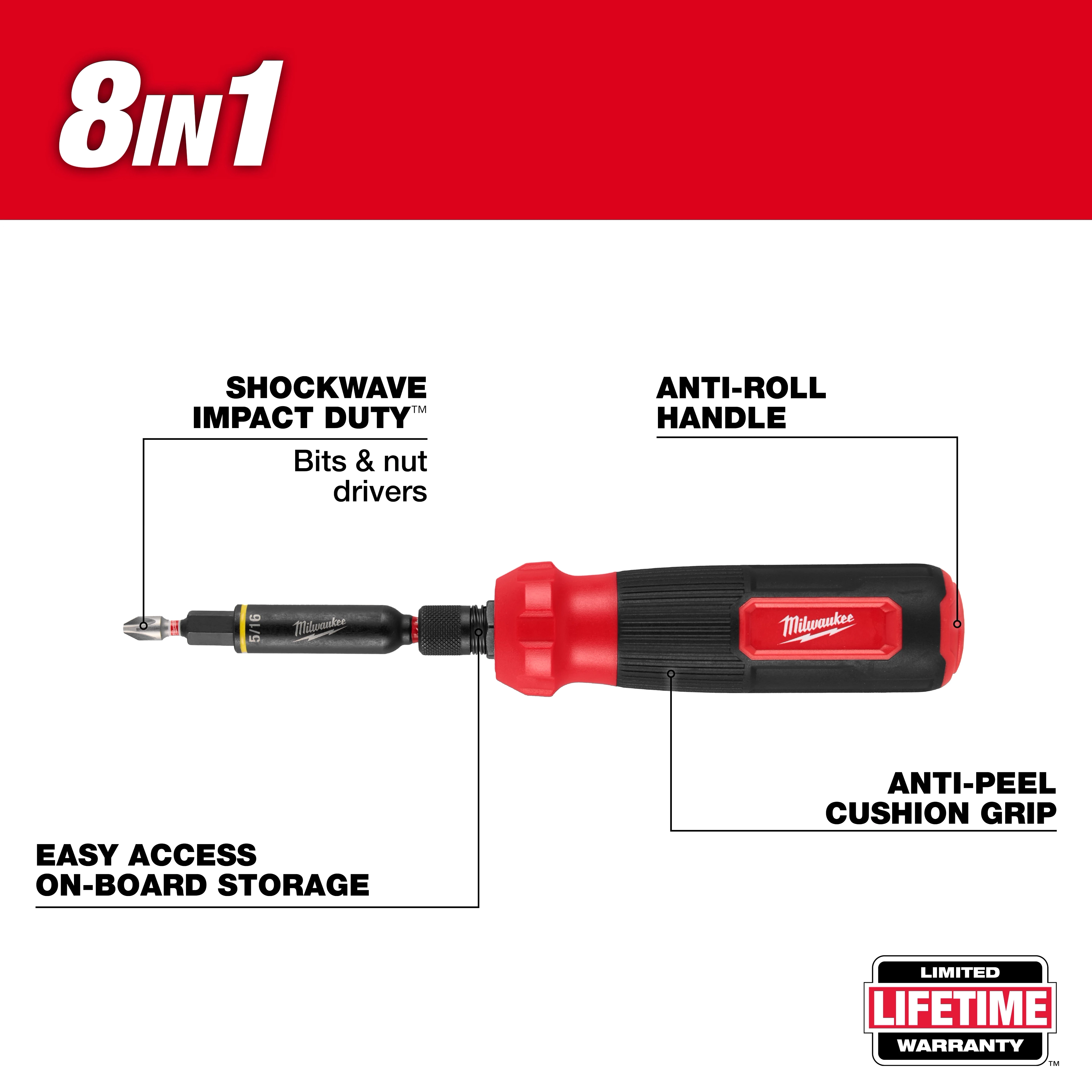 The 8-IN-1 Multi-Bit & Nut Driver with SHOCKWAVE Impact Duty Bits & Nut Drivers features an anti-roll handle, anti-peel cushion grip, and easy access on-board storage. It comes with a lifetime warranty and multiple highlighted capabilities, including impact duty bits for durability and efficiency.