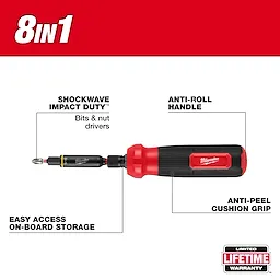 The 8-IN-1 Multi-Bit & Nut Driver with SHOCKWAVE Impact Duty Bits & Nut Drivers features an anti-roll handle, anti-peel cushion grip, and easy access on-board storage. It comes with a lifetime warranty and multiple highlighted capabilities, including impact duty bits for durability and efficiency.
