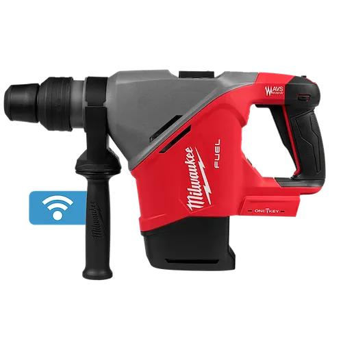 The image displays the Milwaukee M18 FUEL™ 1-9/16" SDS Max Rotary Hammer with ONE-KEY™. The tool features a red and gray design, side handle for stability, and a wireless connection icon, indicating its ONE-KEY™ compatible smart capabilities.