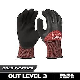 Cut Level 3 Winter Dipped Gloves with black coated palms and red knit cuffs on a plain background.