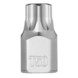 The 1/4" Drive T50 Low-Profile TORX Bit Socket is a silver metallic tool designed for fasteners requiring a T50 size. It has a low-profile design for better access in tight spaces. The engraved "T50" marking indicates the bit size.