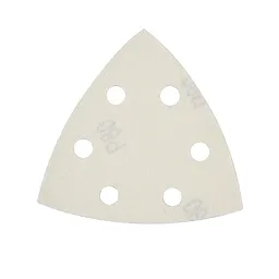 Milwaukee OMT Blades, 80 Grit Sandpaper (6-pack) features a triangular sheet with six perforated holes for efficient dust collection.