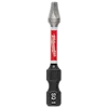 The image shows a SHOCKWAVE™ 2” Impact Duty Square Recess #1 Power Bit. It has a red and white shaft with "Milwaukee" branding, a silver tip, and a black base labeled "SQ1".
