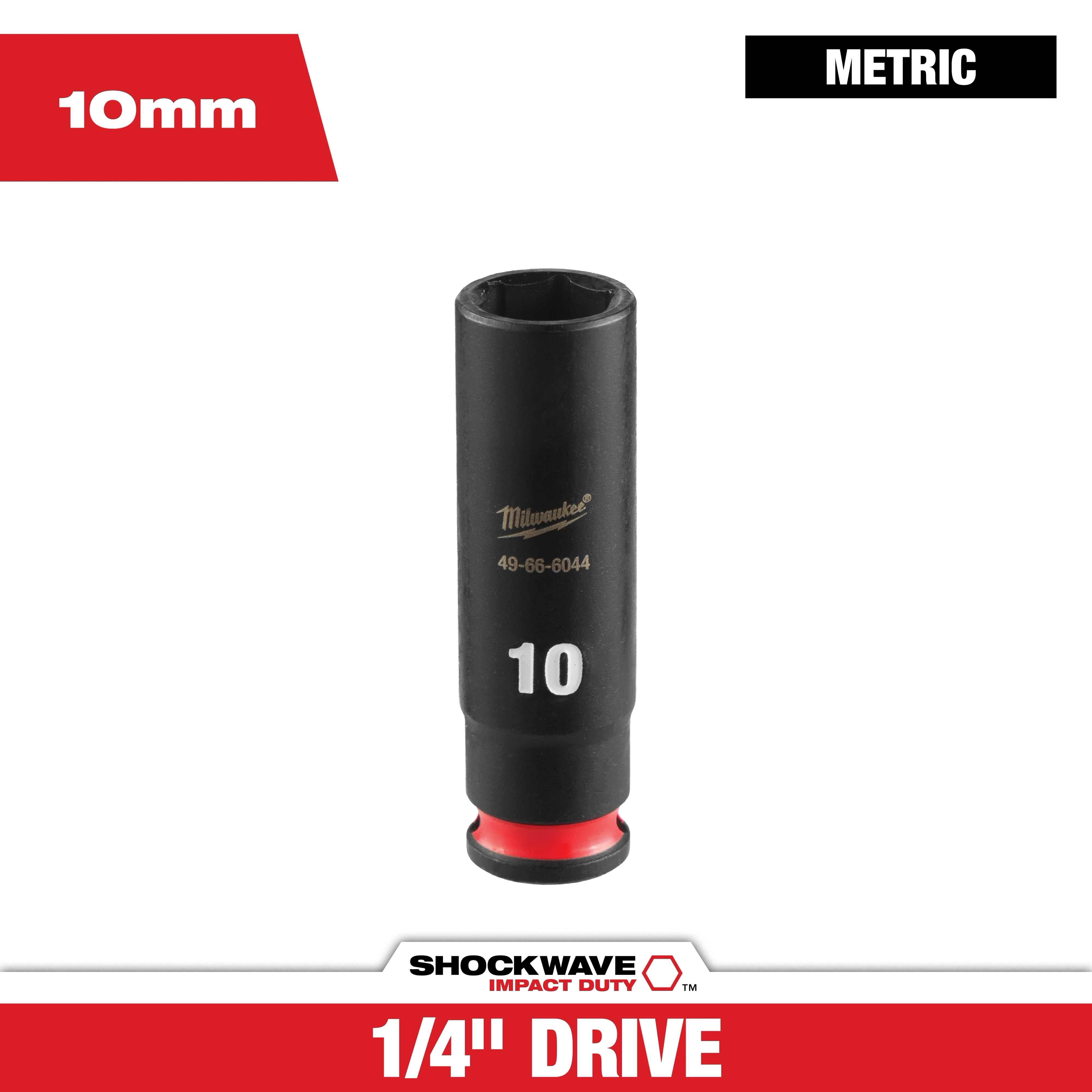 SHOCKWAVE Impact Duty 1/4" Drive 10MM Deep 6 Point Socket standing upright on a white background.