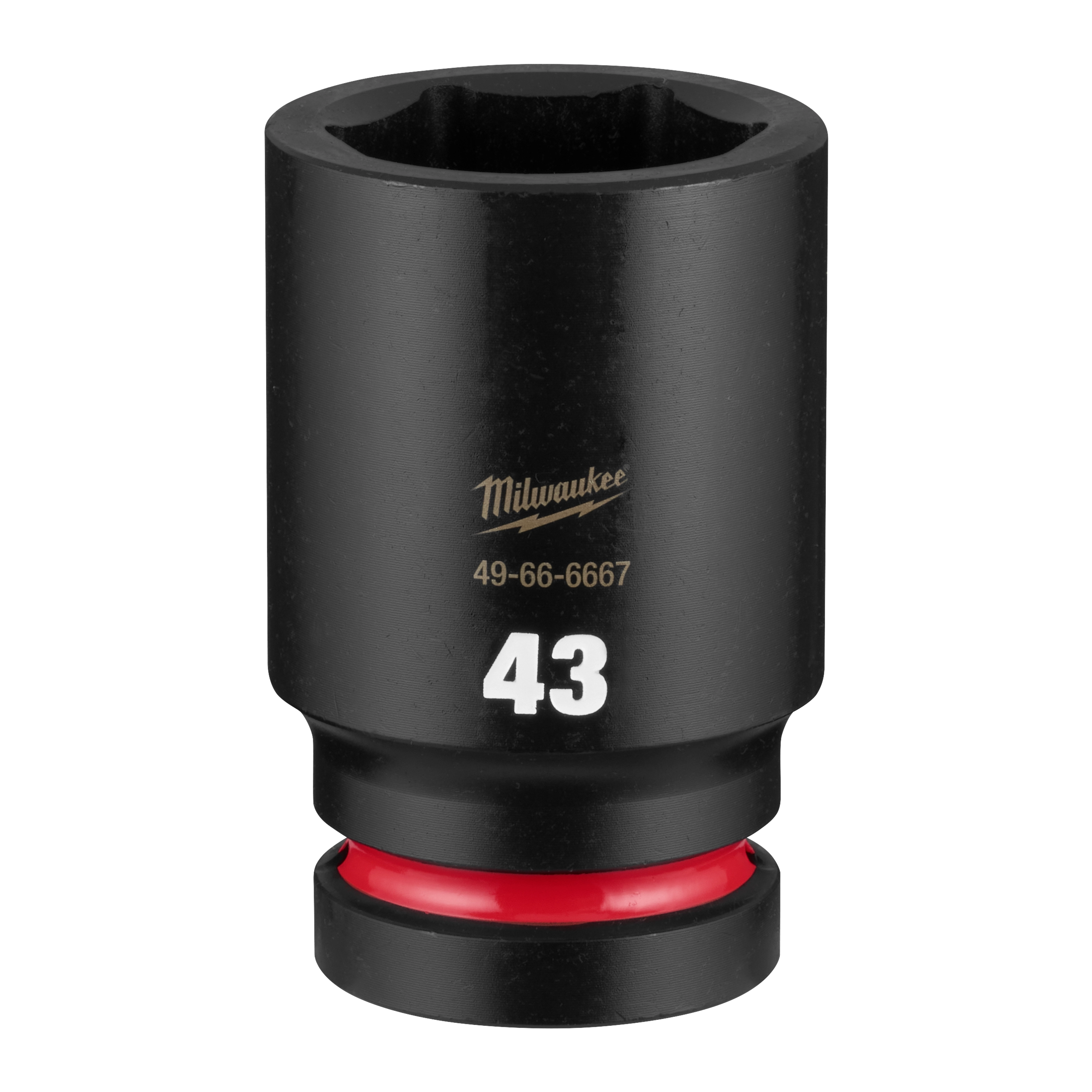 SHOCKWAVE Impact Duty 1" Drive 43mm Deep 6 Point Socket standing upright with a visible 43 marking and red ring.