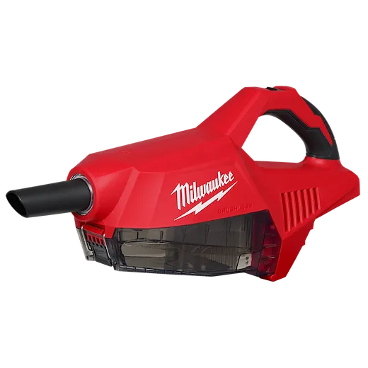 Milwaukee's M18™ Brushless Handheld Vacuum is a compact, red vacuum featuring a black nozzle and handle grip designed for ease of use. It has a clear dust container located beneath the brand's logo. Efficient for quick clean-ups, it utilizes brushless motor technology for extended longevity and performance.