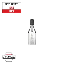 Image of a 3/8" drive SAE hex bit by Milwaukee. The hex bit is metallic with a black tip. The top left corner shows text: “3/8" DRIVE,” “SAE,” “HEX.” The bottom left corner shows a “LIFETIME GUARANTEE” label.