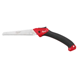 7” Folding Pruning Saw with a straight blade, red and black ergonomic handle, and a locking mechanism near the base.