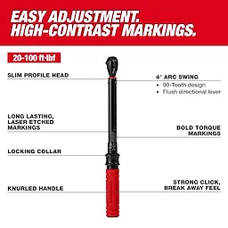 3/8” Drive Click Torque Wrench (20-100 ft·lbf) features a slim profile head, laser-etched markings, locking collar, knurled handle, and a 4° arc swing.