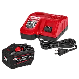 Red battery charger and black battery pack from the M18 REDLITHIUM FORGE HD12.0 Starter Kit, with power cord visible.