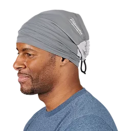 Side view of a person wearing a gray WORKSKIN Performance Neck Gaiter, which covers their head and neck.