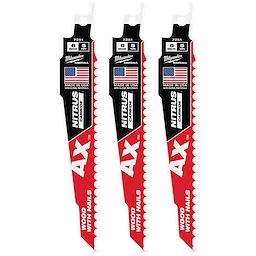 Three 6" 5 TPI AX™ w/NITRUS™ Carbide Teeth SAWZALL® blades for wood with nails are shown. Each blade, with a Made in the USA label, features a white, black, and red design with serrated edges, suited for cutting wood embedded with nails.