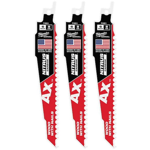 Three 6" 5 TPI AX™ w/NITRUS™ Carbide Teeth SAWZALL® blades for wood with nails are shown. Each blade, with a Made in the USA label, features a white, black, and red design with serrated edges, suited for cutting wood embedded with nails.