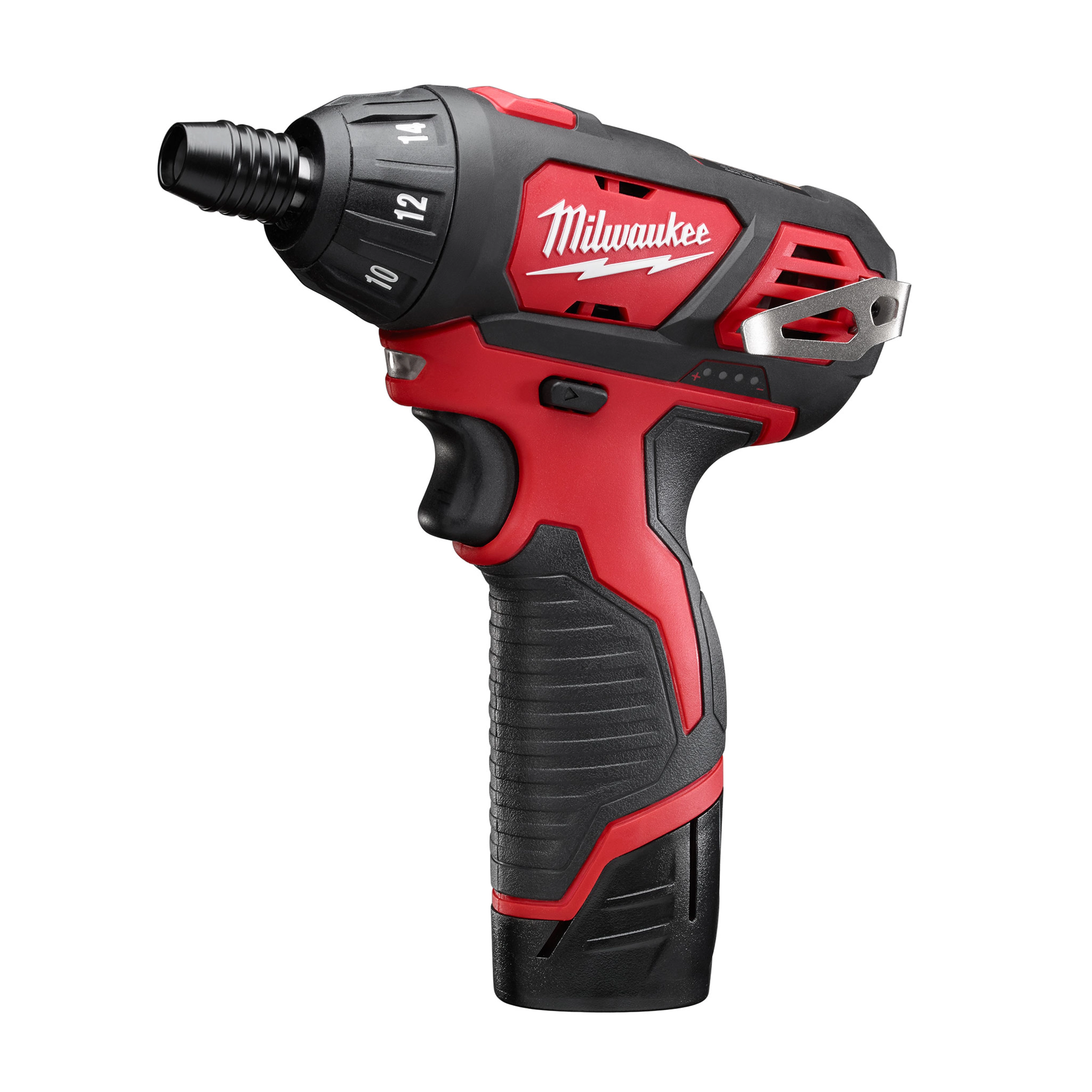 Milwaukee M12 Screwdriver with a black and red ergonomic handle, adjustable torque settings, and forward/reverse buttons.