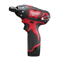 Milwaukee M12 Screwdriver with a black and red ergonomic handle, adjustable torque settings, and forward/reverse buttons.