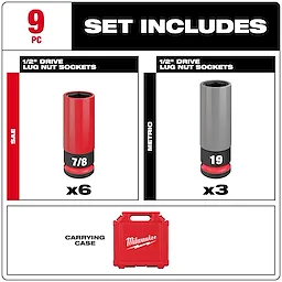 Milwaukee 9-piece lug nut socket set includes six 7/8 SAE sockets, three 19mm metric sockets, and a red carrying case.