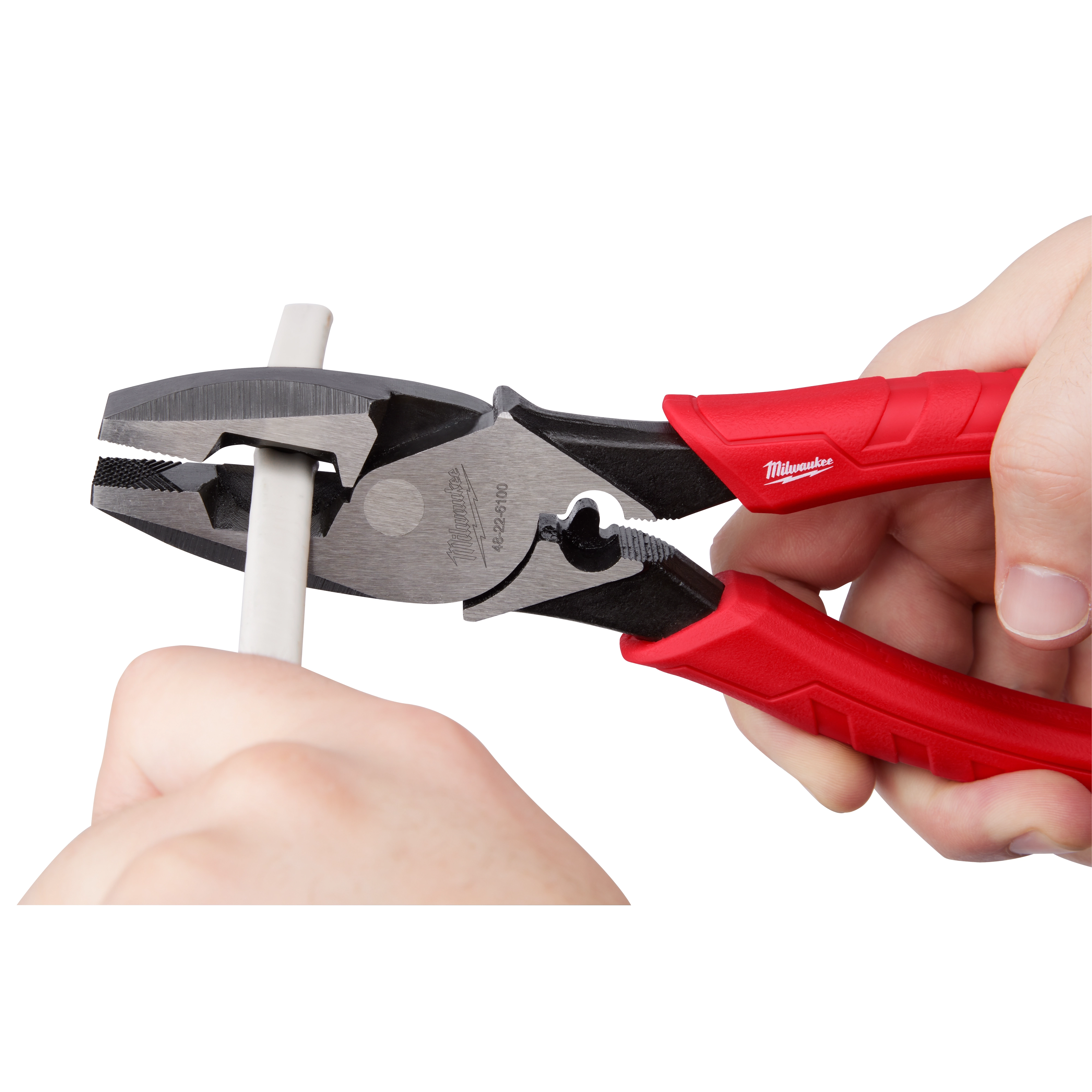 9" High Leverage Lineman's Pliers with Crimper cutting a white cable, featuring red handles and a silver head.