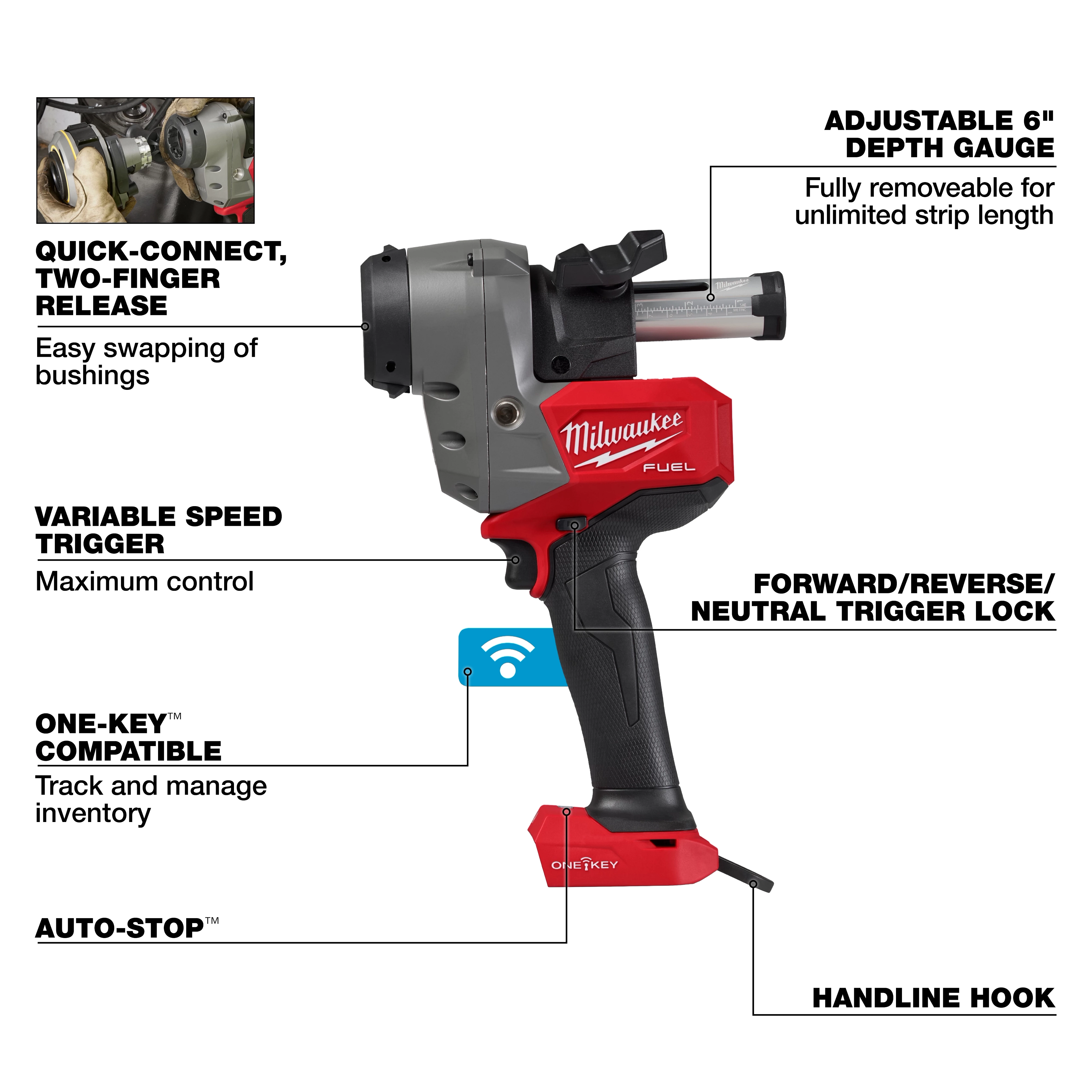 The M18 FUEL™ Covered Conductor Cable Stripper Kit w/ Adjustable Bushings is a red and black handheld tool featuring a quick-connect release, variable speed trigger, adjustable 6” depth gauge, forward/reverse/neutral trigger lock, ONE-KEY™ compatibility, auto-stop function, and a handle hook.