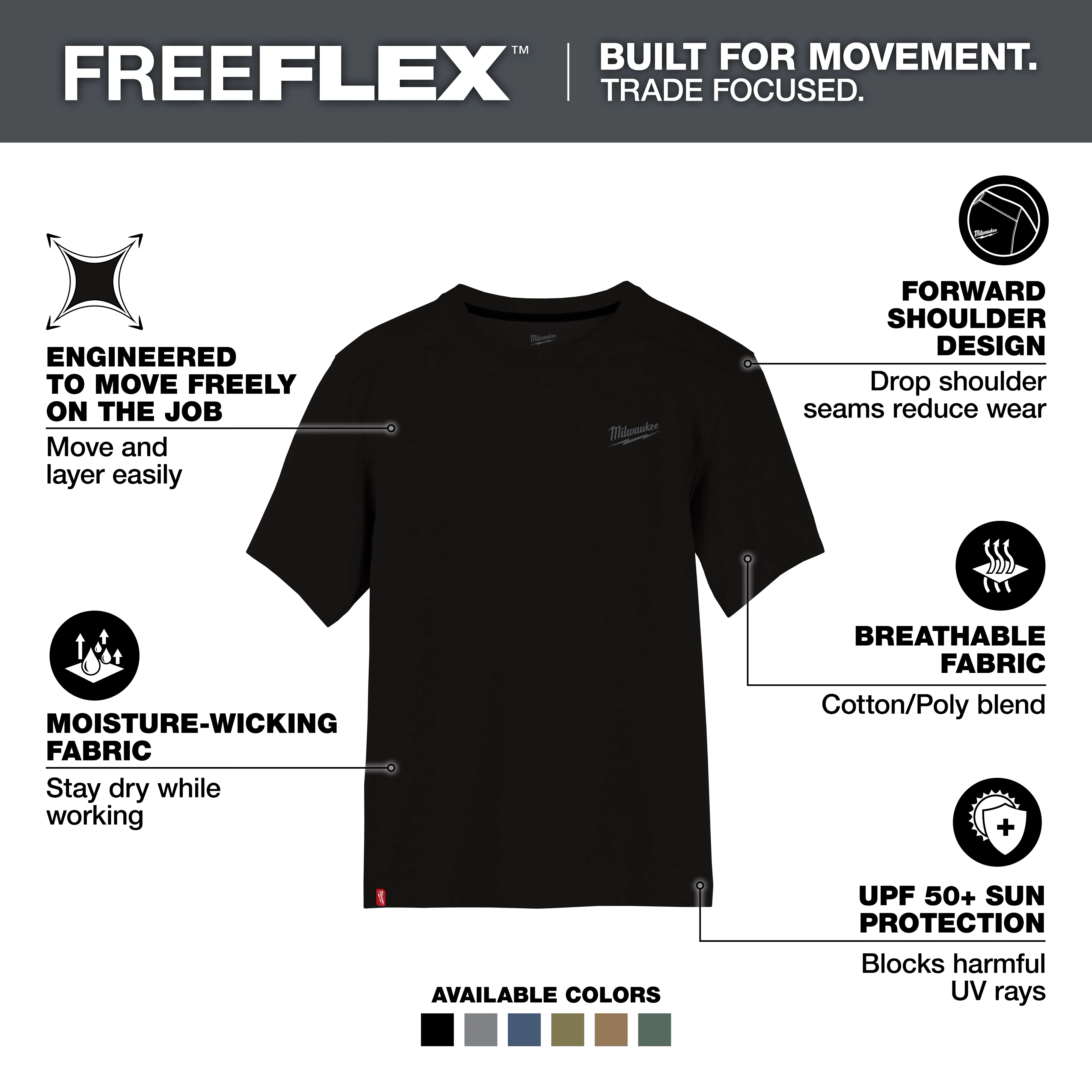 FREEFLEX Hybrid Work Tee - Short Sleeve in black. Features moisture-wicking fabric, forward shoulder design, breathable cotton/poly blend, and UPF 50+ sun protection. Available in multiple colors.