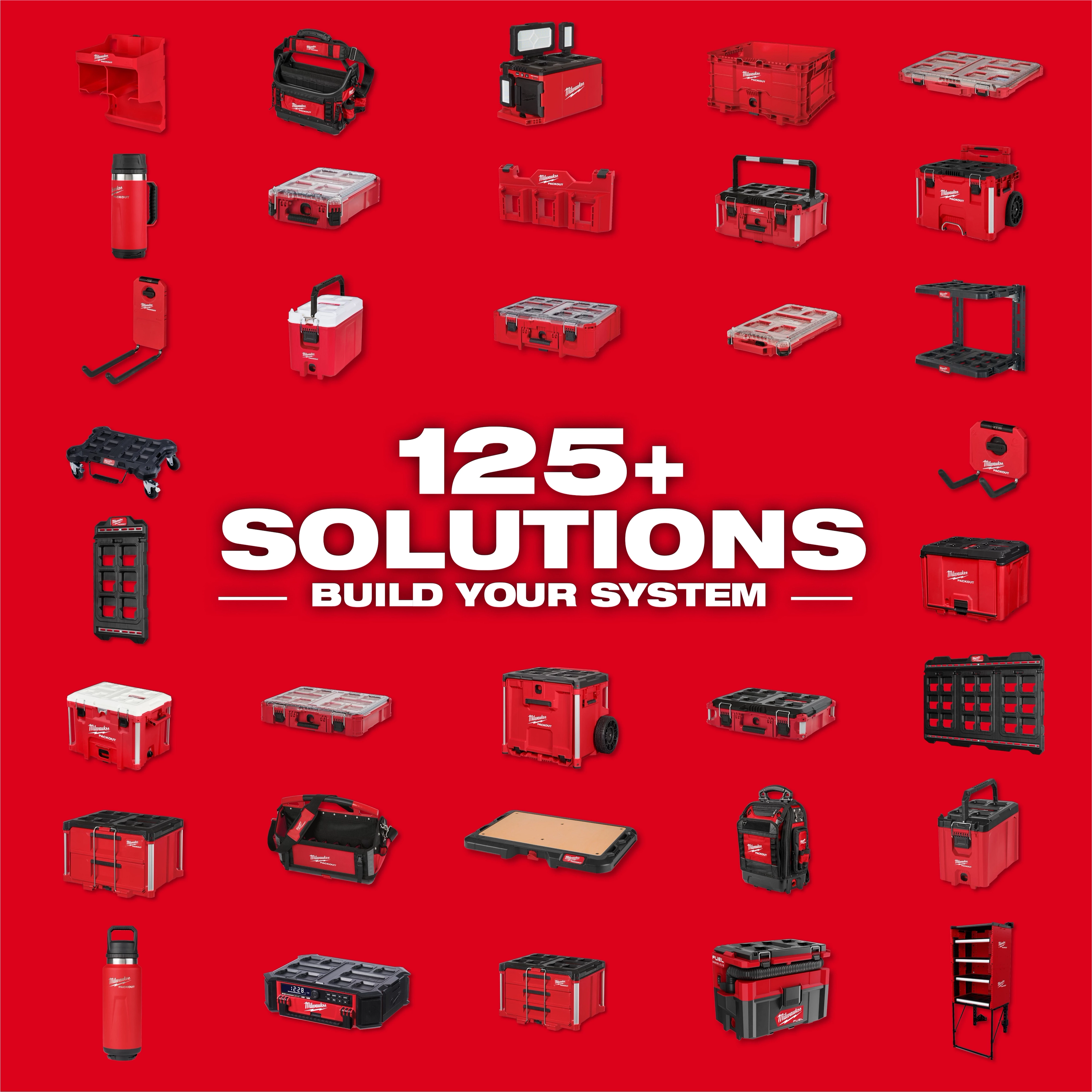 Milwaukee PACKOUT™ Build Your System offers over 125 modular storage solutions, including boxes, bags, and various tool organizers, arranged on a red background. The text "125+ SOLUTIONS BUILD YOUR SYSTEM" is centrally displayed.
