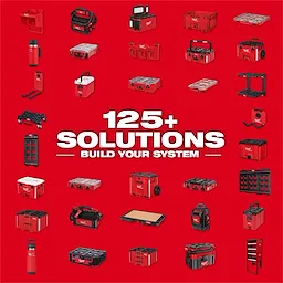 Milwaukee PACKOUT™ Build Your System offers over 125 modular storage solutions, including boxes, bags, and various tool organizers, arranged on a red background. The text "125+ SOLUTIONS BUILD YOUR SYSTEM" is centrally displayed.