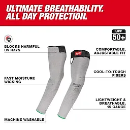 Cut Level 6 Protective Sleeves - 16" shown as a pair of gray arm sleeves with black cuffs on a red and white background.