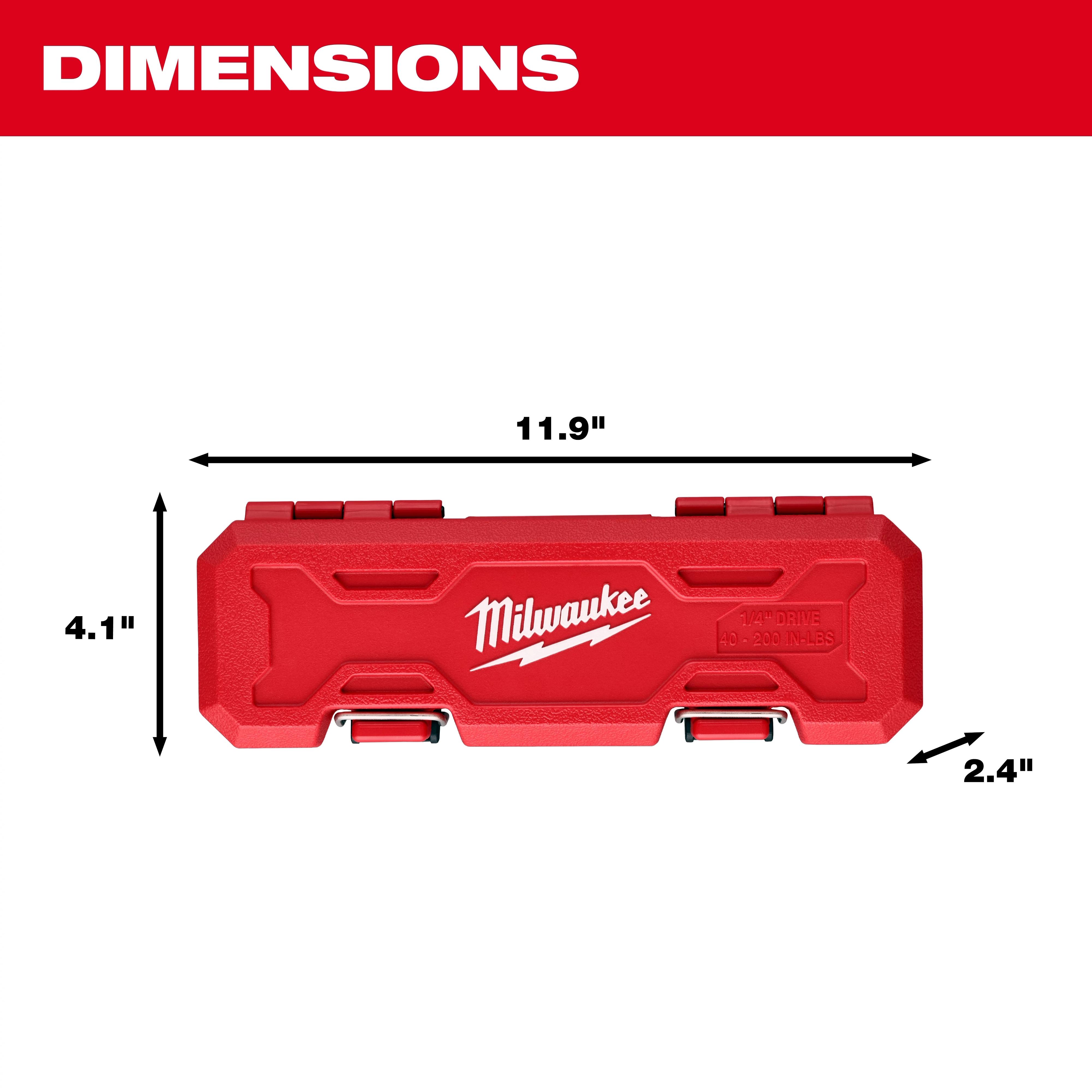 Red carrying case for 1/4" Drive Click Torque Wrench (40-200 in·lbf) with Milwaukee logo. Dimensions: 11.8" x 4" x 2.4".