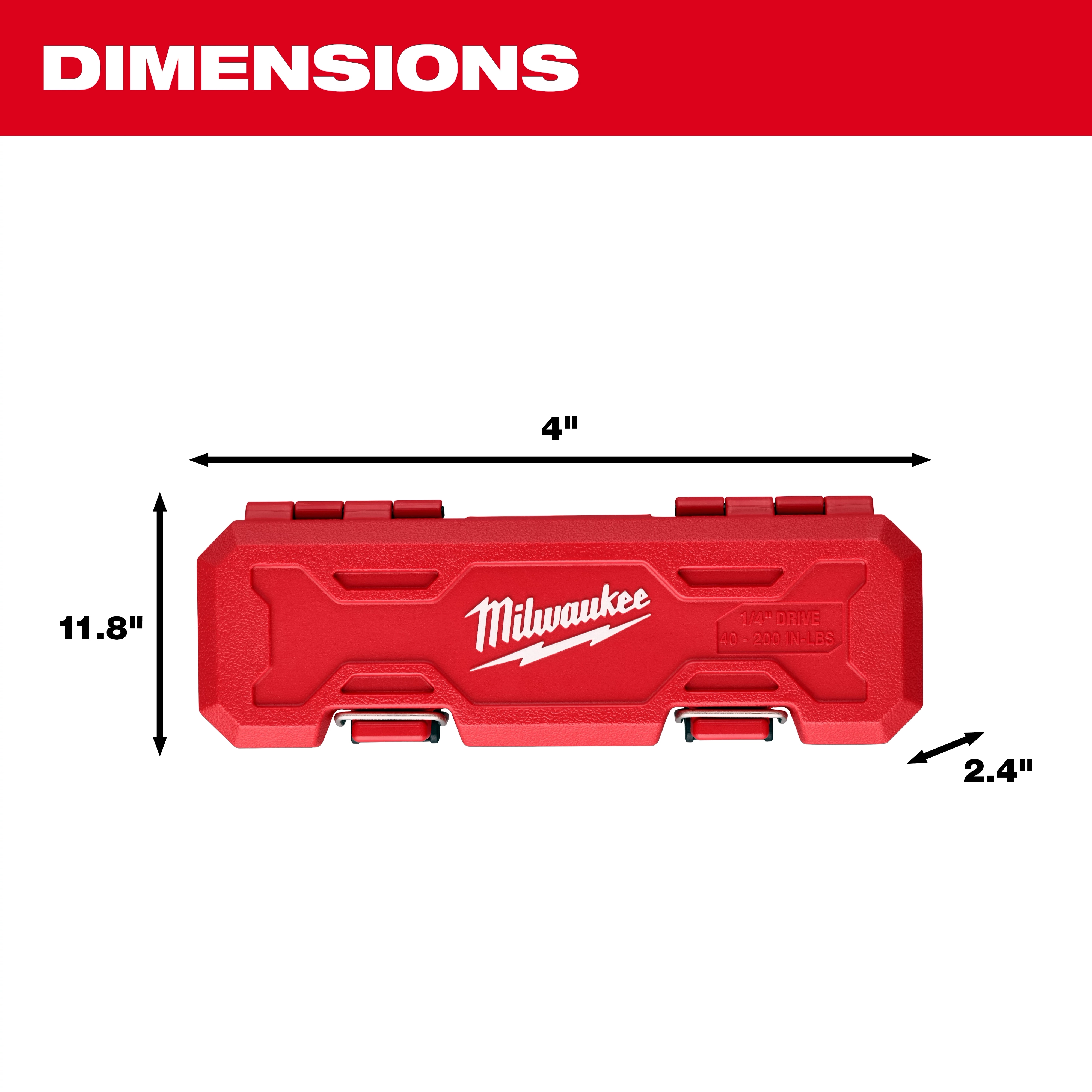 Red carrying case for 1/4" Drive Click Torque Wrench (40-200 in·lbf) with Milwaukee logo. Dimensions: 11.8" x 4" x 2.4".