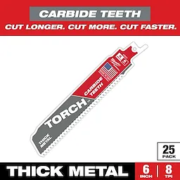 Sawzall Bi-Metal Carbide Teeth primary images show a 6-inch carbide blade designed for cutting thick metal. The blade features 8 TPI and comes in a pack of 25. The packaging emphasizes durability and faster cutting performance with the slogan, "Cut Longer. Cut More. Cut Faster."